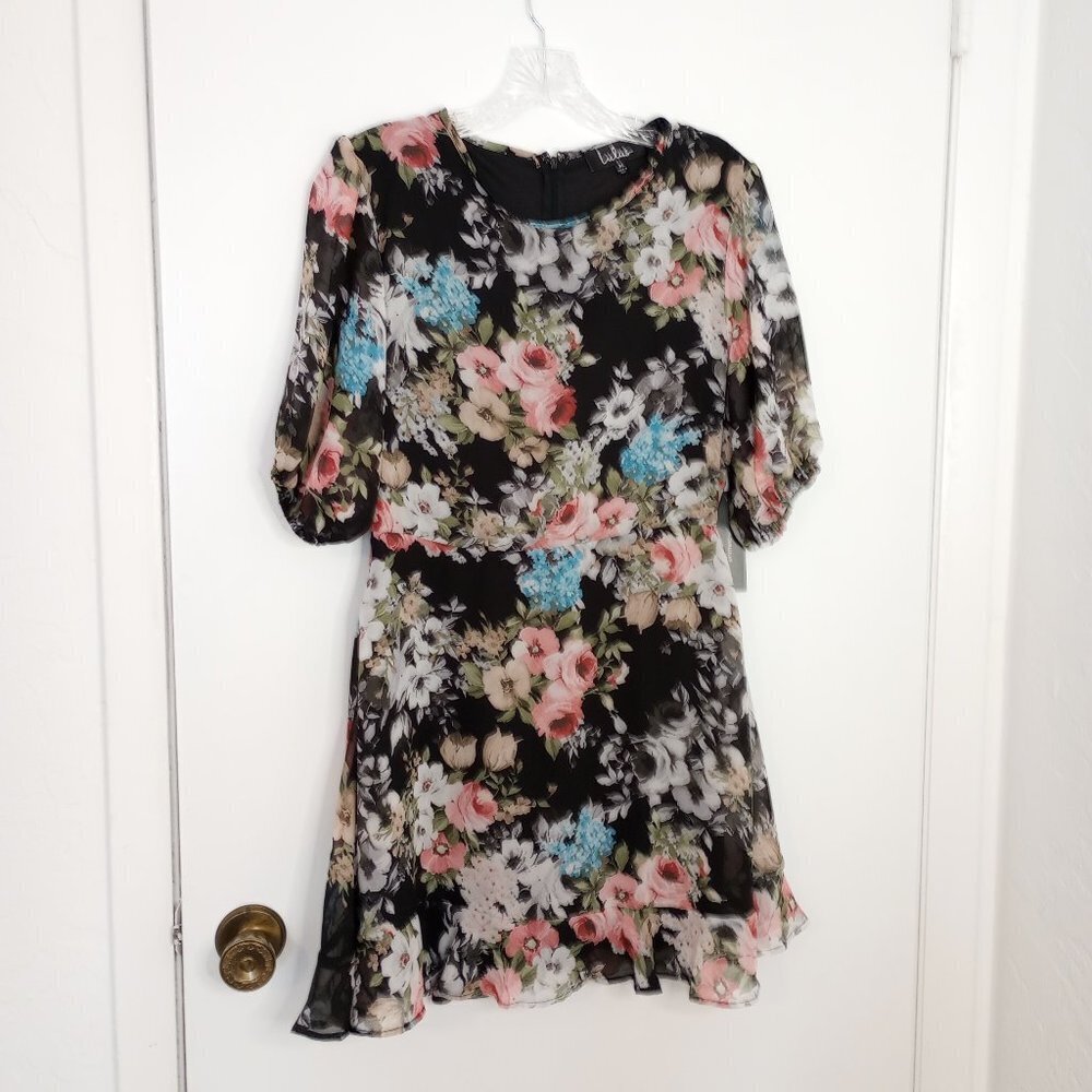 Lulu's Black Floral Chiffon Mini Dress